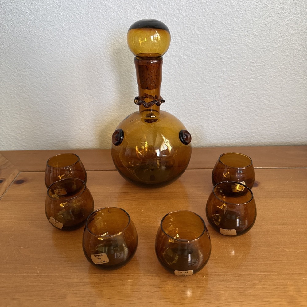 Vtg MCM Spanish Glass Decanter 6 Roly Poly Tumblers Cordial Set Rosettes Amber‎